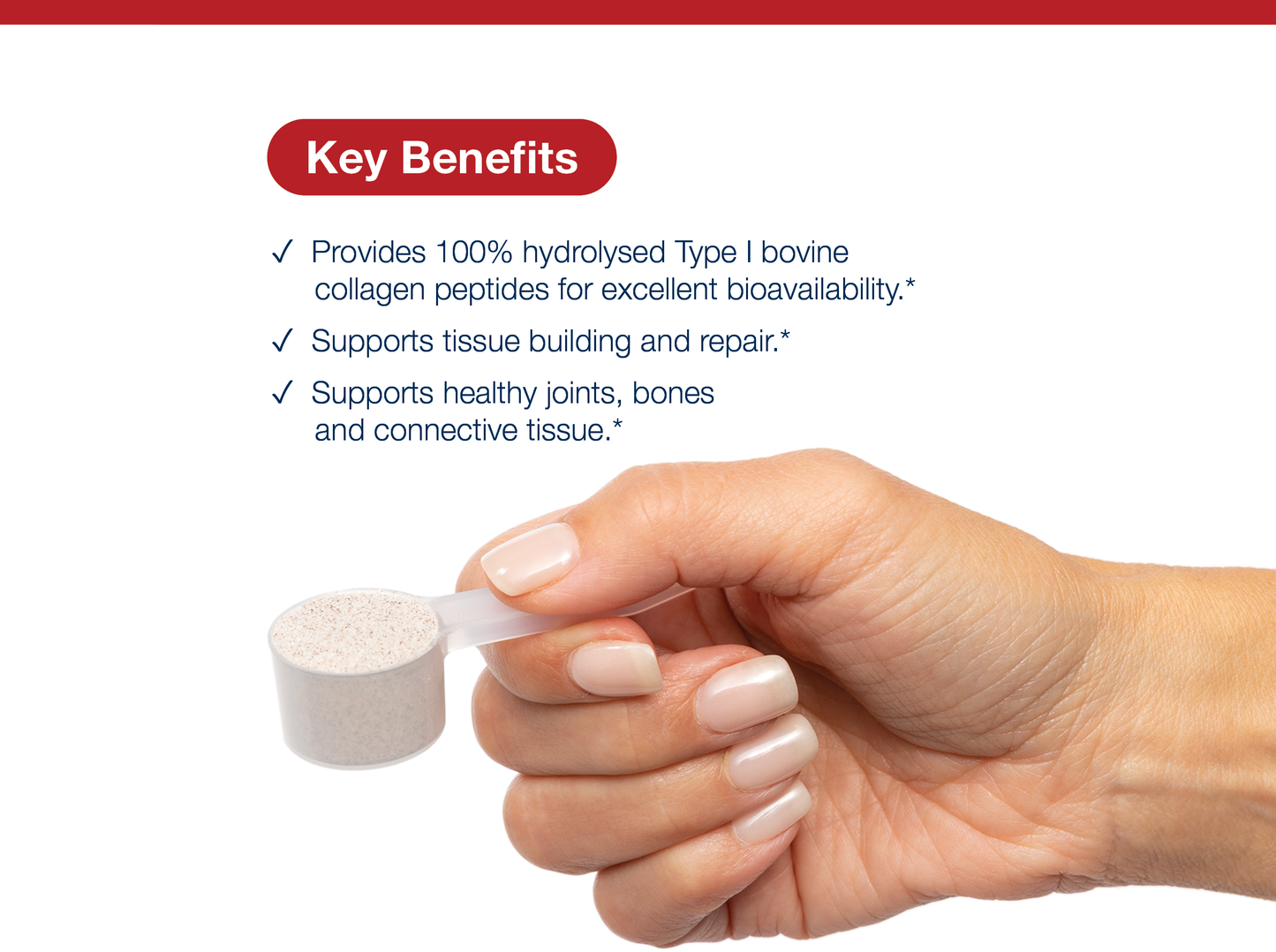Hand holding a scoop of MetaCollagen Pro+ powder beside key product benefits and Metagenics branding