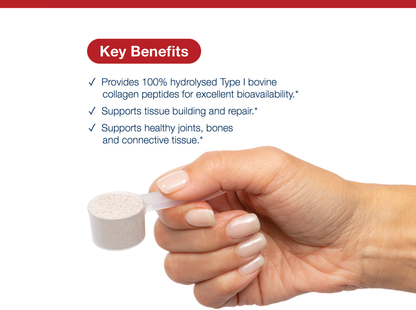 Hand holding a scoop of MetaCollagen Pro+ powder beside key product benefits and Metagenics branding
