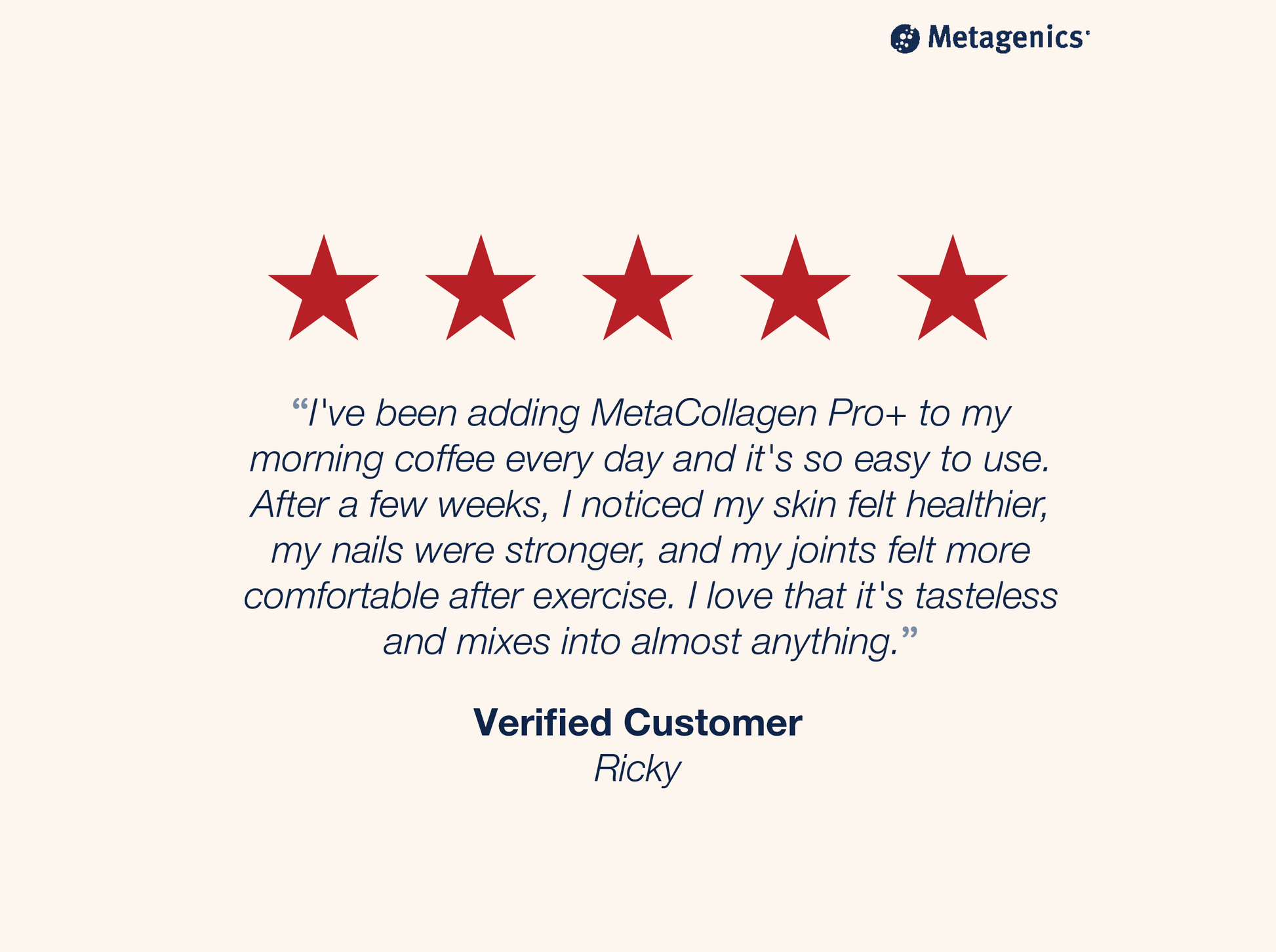 Five-star customer review for MetaCollagen Pro+ with testimonial text and Metagenics branding