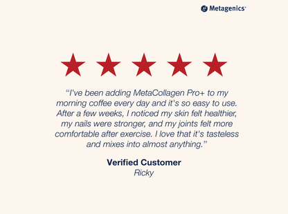 Five-star customer review for MetaCollagen Pro+ with testimonial text and Metagenics branding