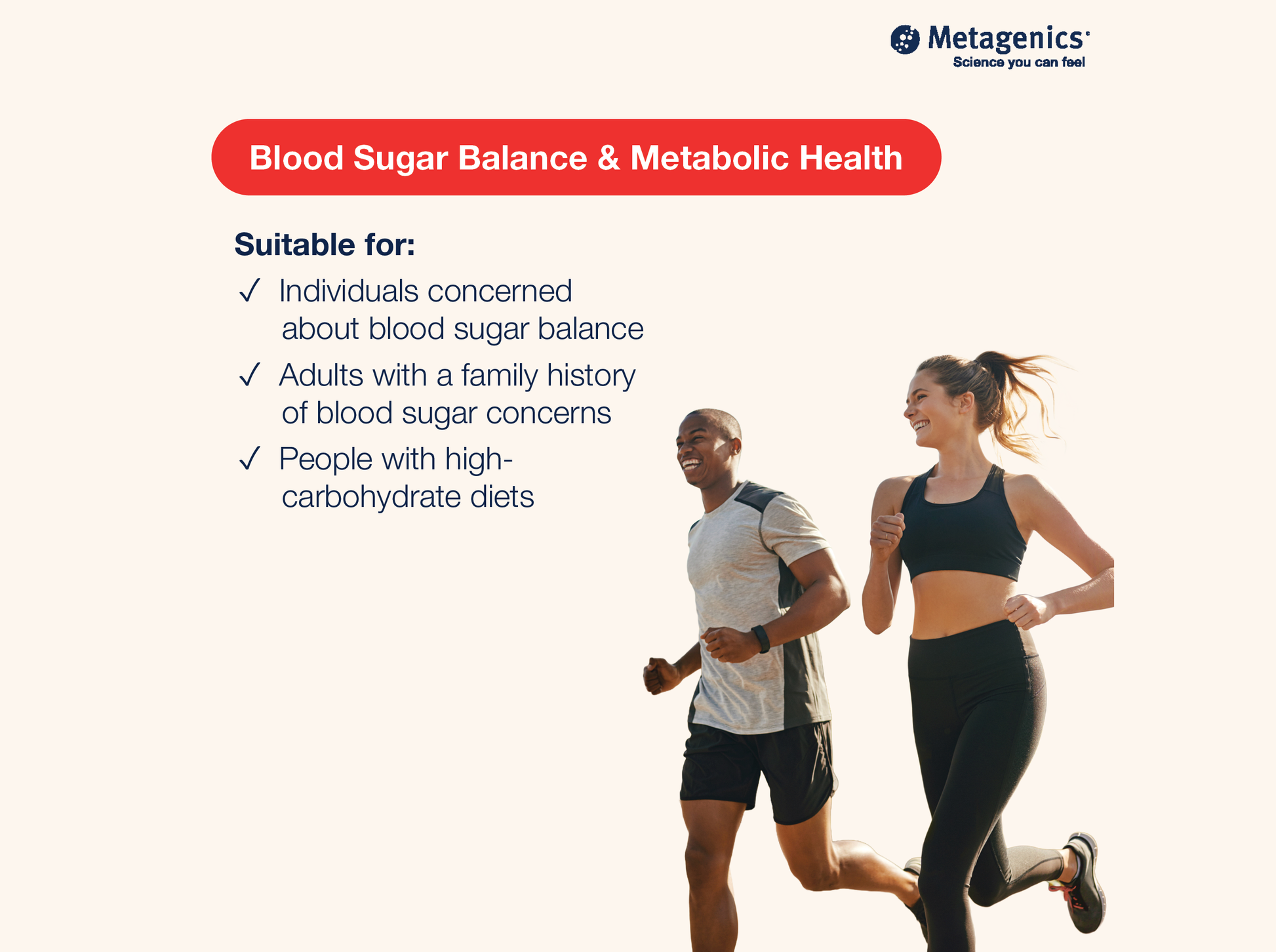 Information about blood sugar balance and metabolic health support with MetaGlycemiX and active lifestyle imagery