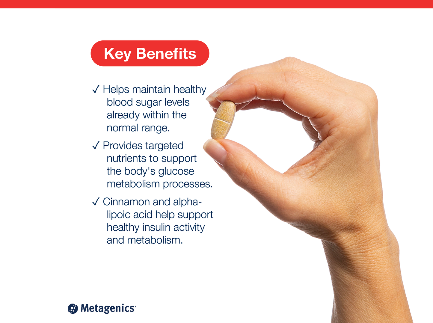 Hand holding a MetaGlycemiX tablet beside key product benefits and Metagenics branding