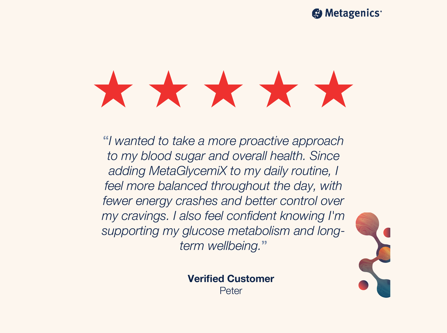 Five-star customer review for MetaGlycemiX with testimonial text and Metagenics branding