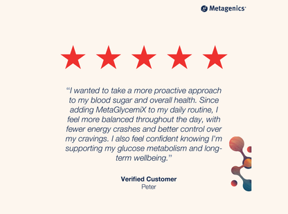 Five-star customer review for MetaGlycemiX with testimonial text and Metagenics branding