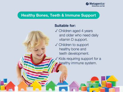 Information about daily dosage recommendations for MetaKids D3 Liquid with child-friendly illustrations