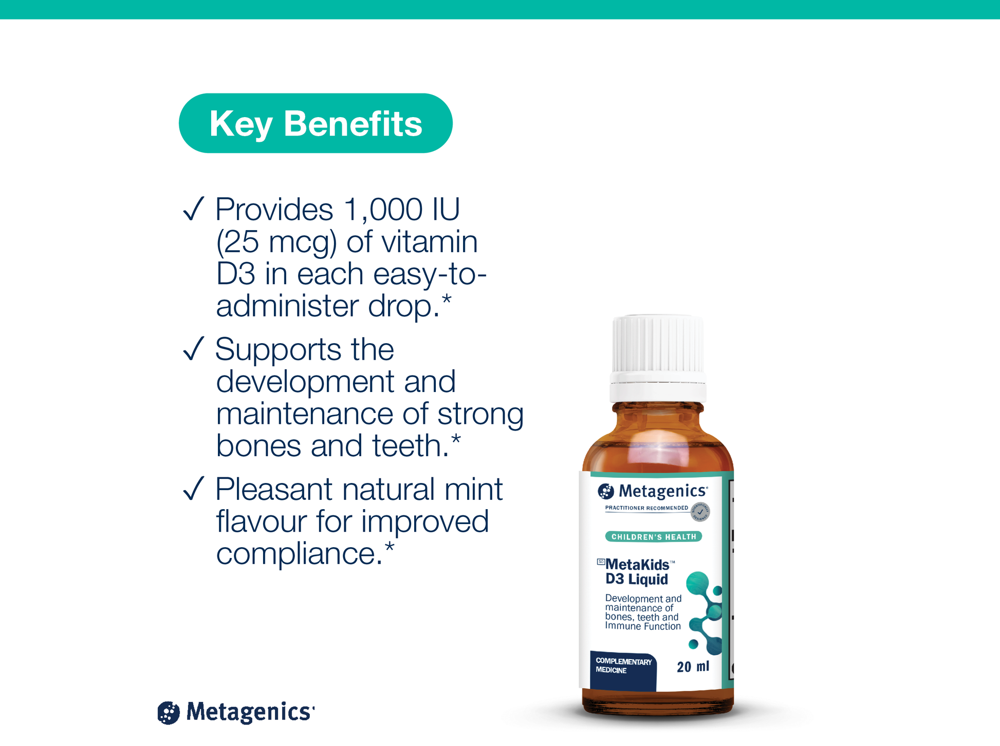 MetaKids D3 Liquid bottle displayed beside key product benefits and Metagenics branding