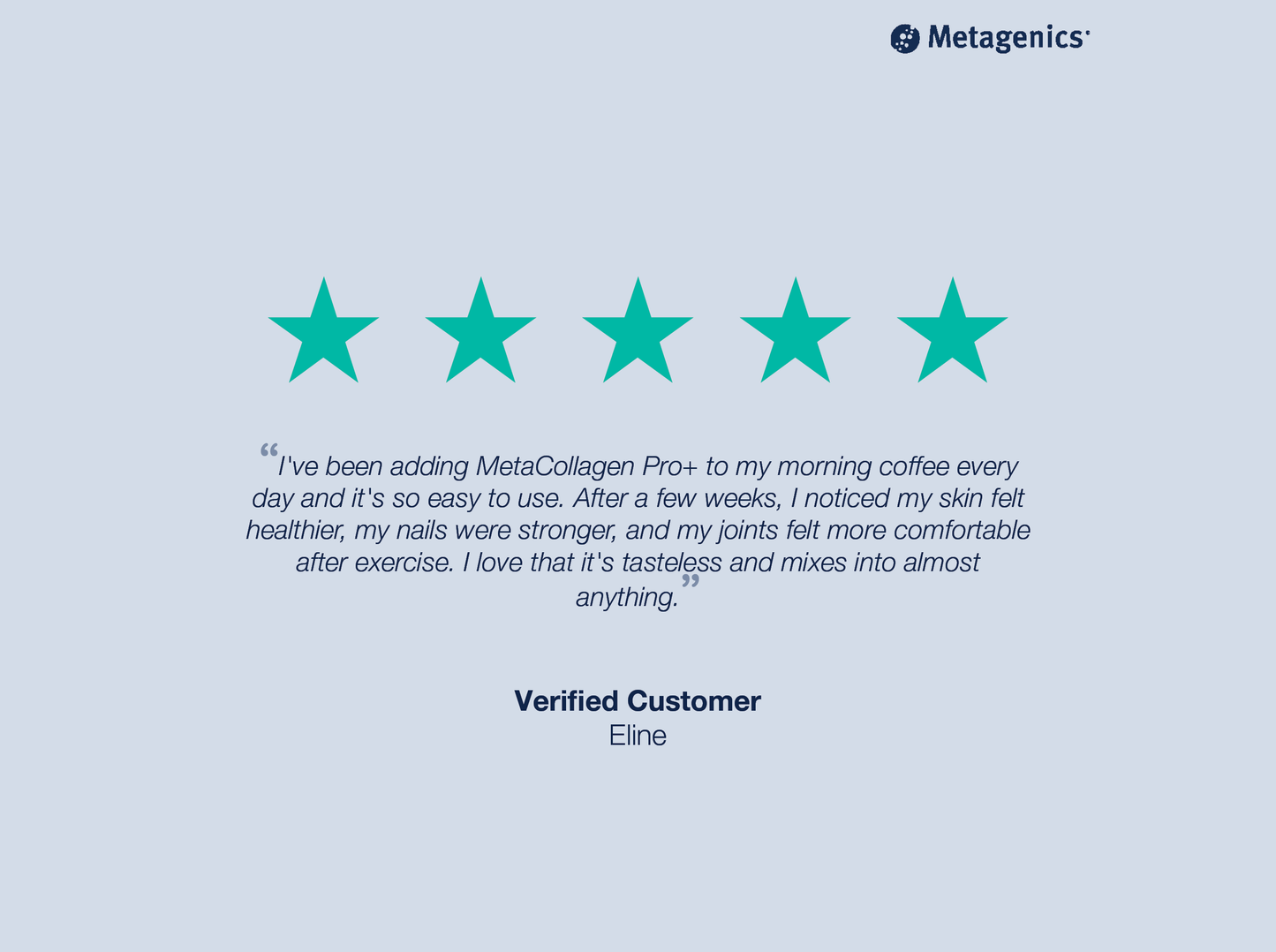 Five-star customer review for MetaKids D3 Liquid with testimonial text and Metagenics branding