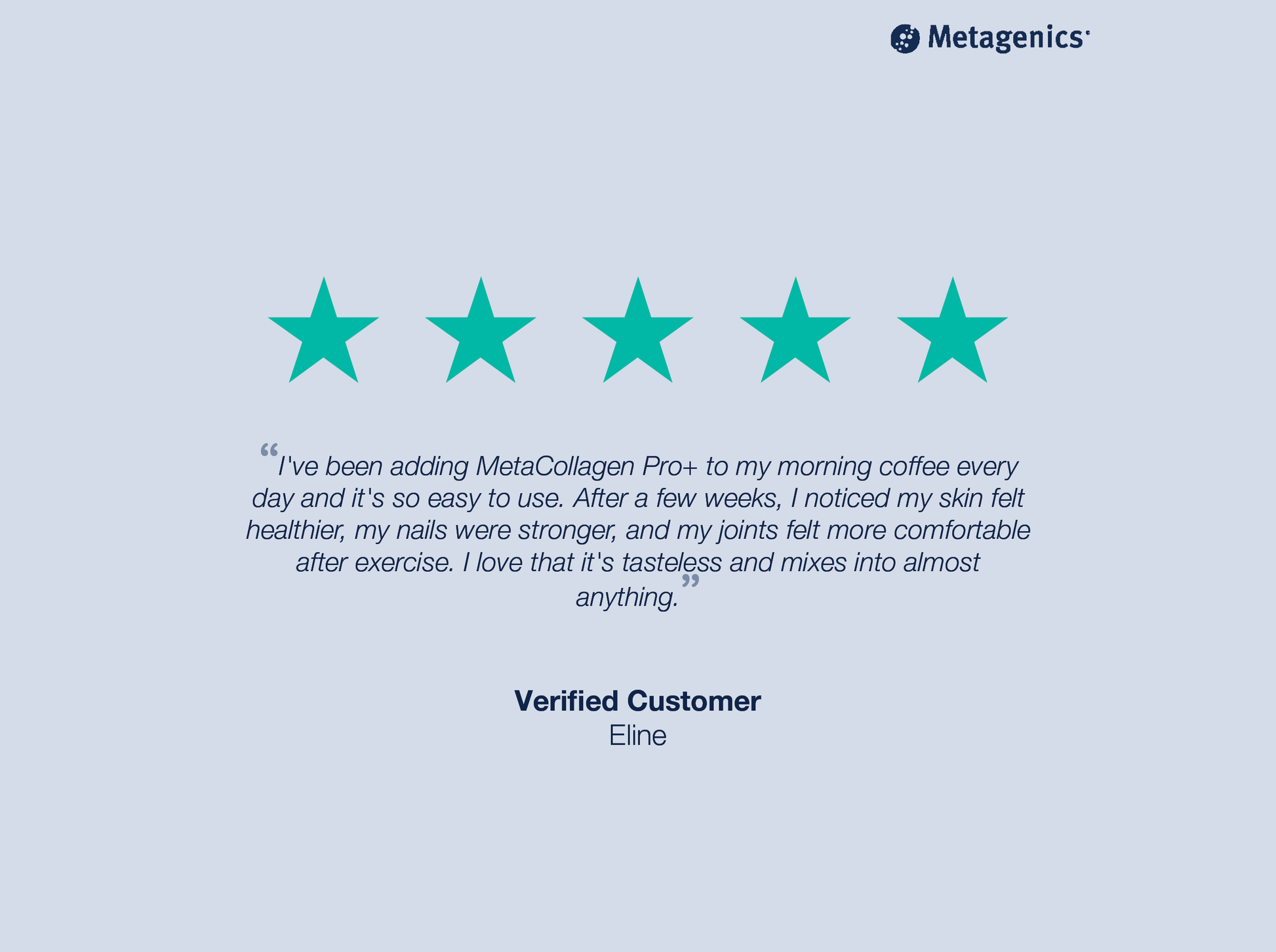 Five-star customer review for MetaKids D3 Liquid with testimonial text and Metagenics branding