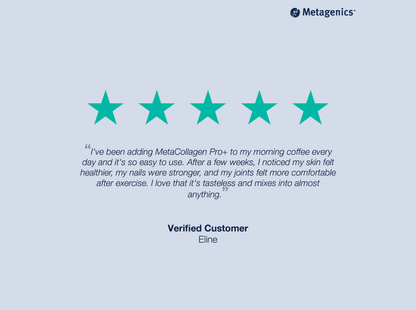 Five-star customer review for MetaKids D3 Liquid with testimonial text and Metagenics branding