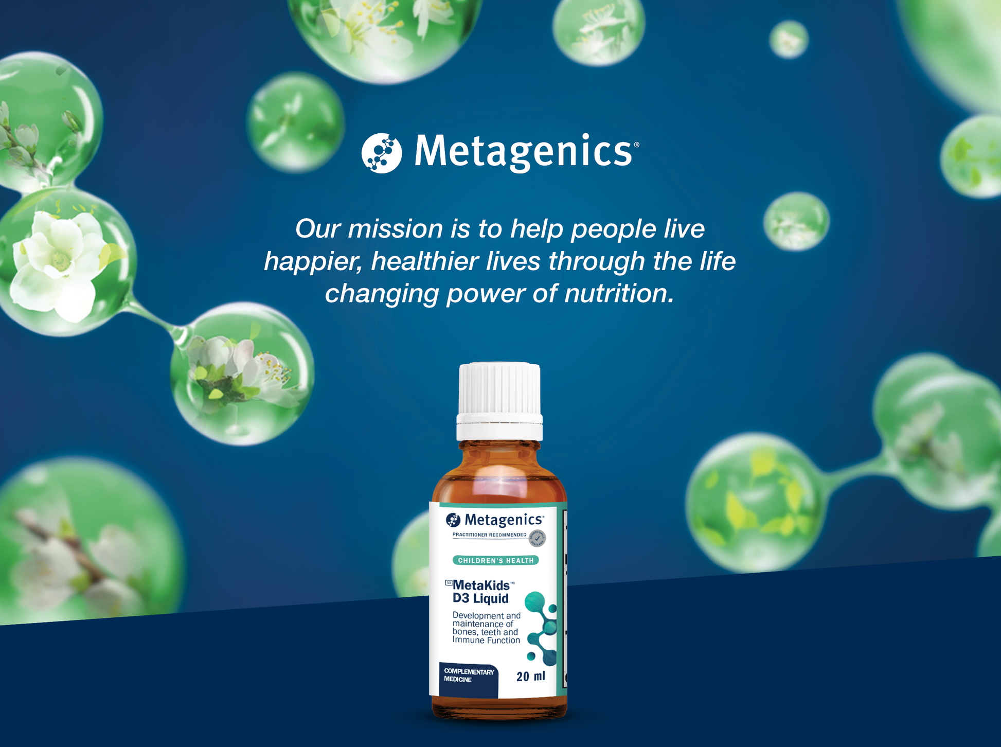 Metagenics MetaKids D3 Liquid displayed with the Metagenics mission to help people live happier and healthier lives through the life-changing power of nutrition