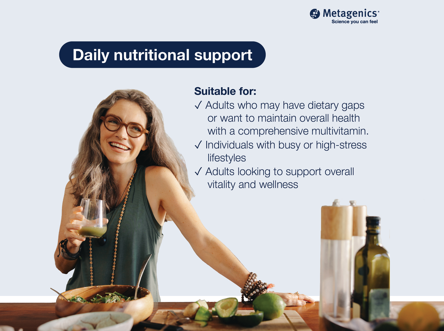 Information about daily nutritional support with MetaMulti Multivitamin and healthy lifestyle imagery