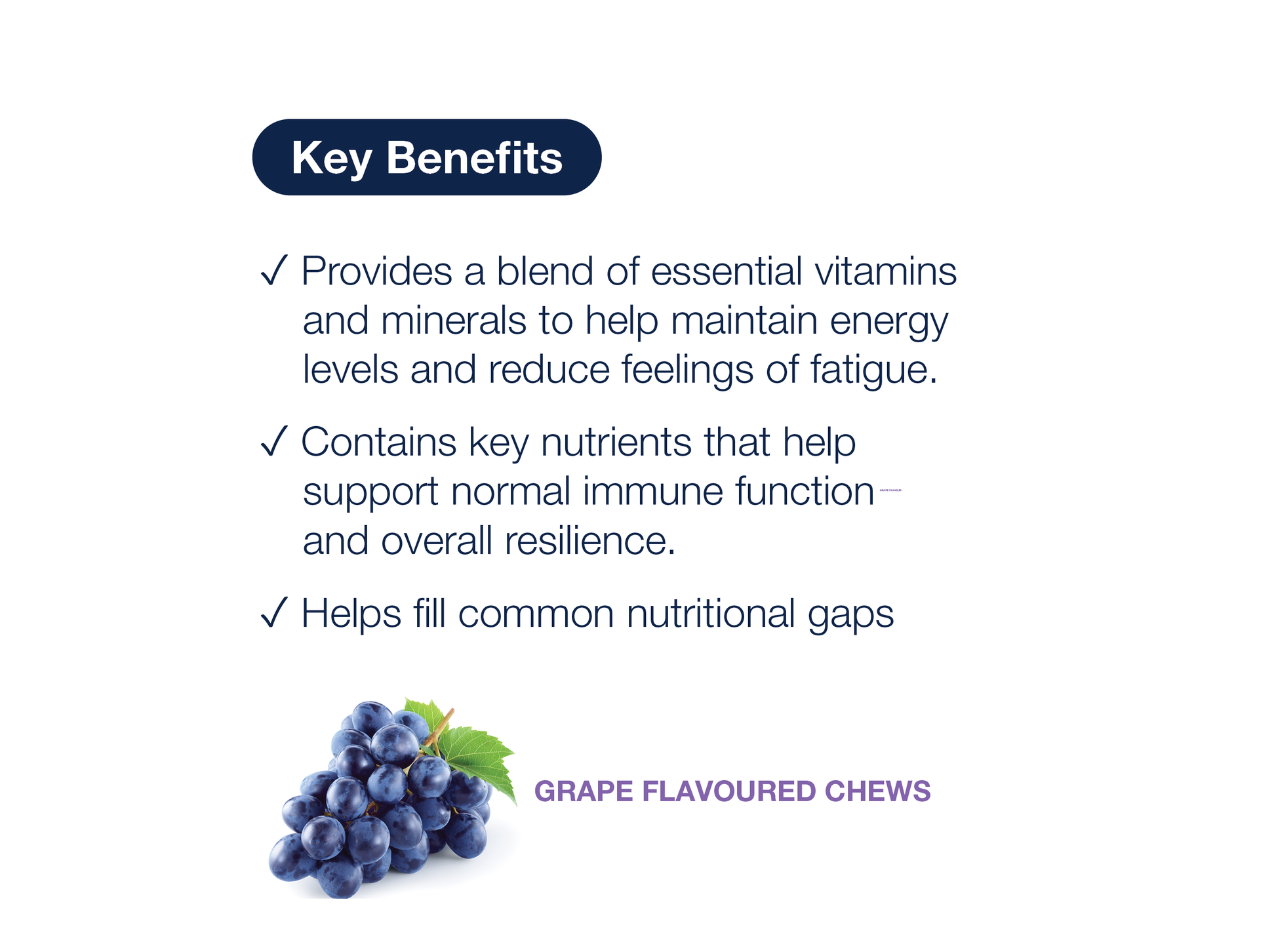 Hand holding a MetaMulti Multivitamin chewable beside key product benefits and Metagenics branding