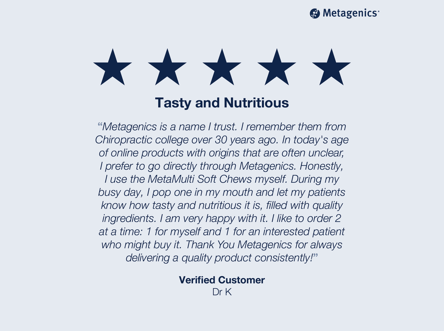 Five-star customer review for MetaMulti Multivitamin with testimonial text and Metagenics branding