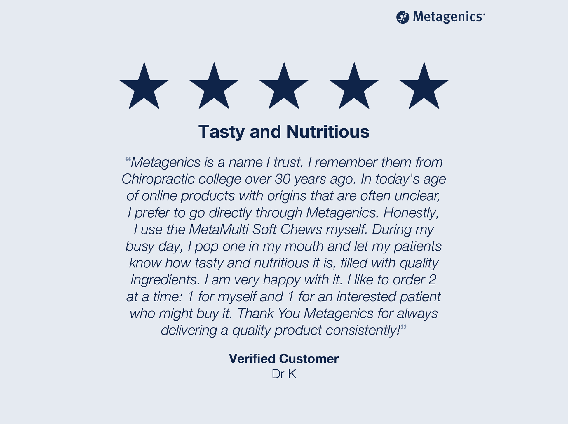Five-star customer review for MetaMulti Multivitamin with testimonial text and Metagenics branding