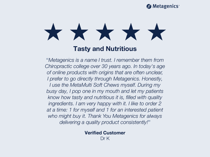 Five-star customer review for MetaMulti Multivitamin with testimonial text and Metagenics branding