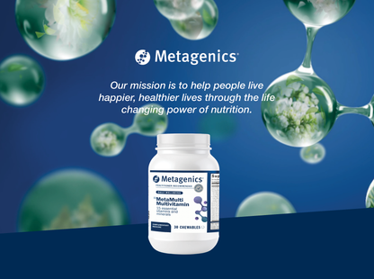 Metagenics MetaMulti Multivitamin displayed with the Metagenics mission to help people live happier and healthier lives through the life-changing power of nutrition