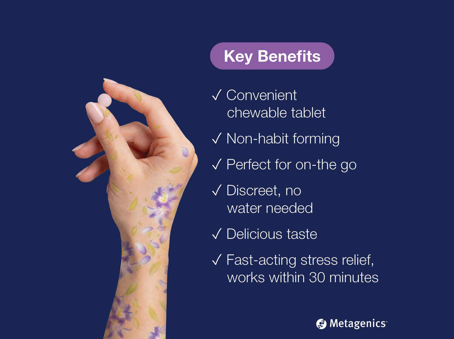 Hand holding a MetaRelax Fast chewable tablet beside key product benefits and Metagenics branding