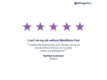 Five-star customer review for MetaRelax Fast with testimonial text and Metagenics branding