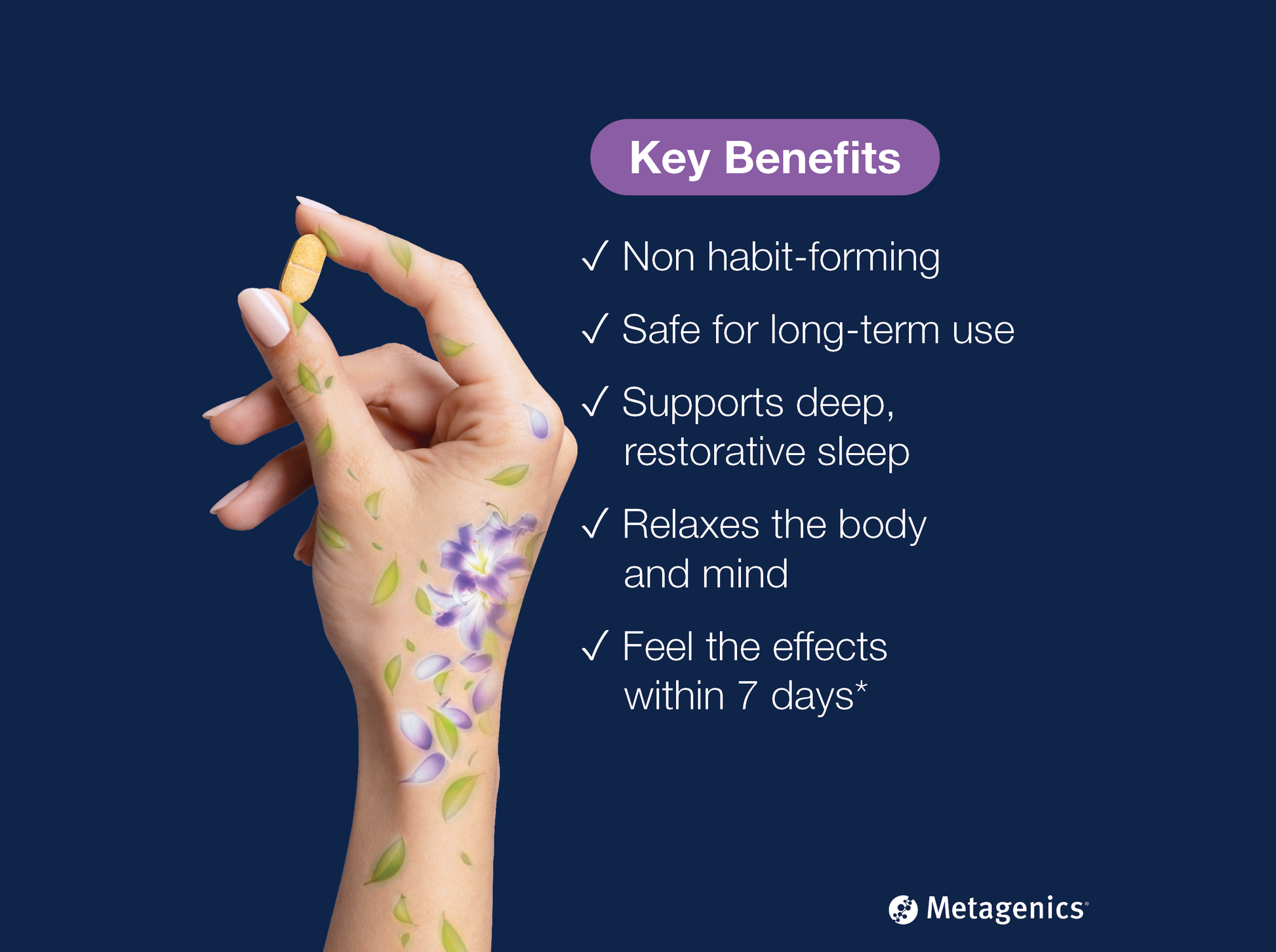 Hand holding a MetaRelax Night tablet beside key product benefits and Metagenics branding