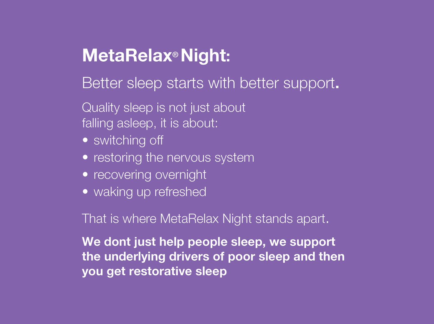 A benefit-led slide listing benefits of MetaRelax Night in white text on a purple background.