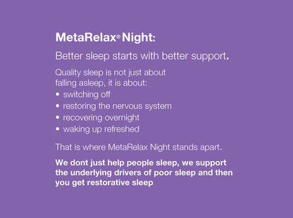 A benefit-led slide listing benefits of MetaRelax Night in white text on a purple background.