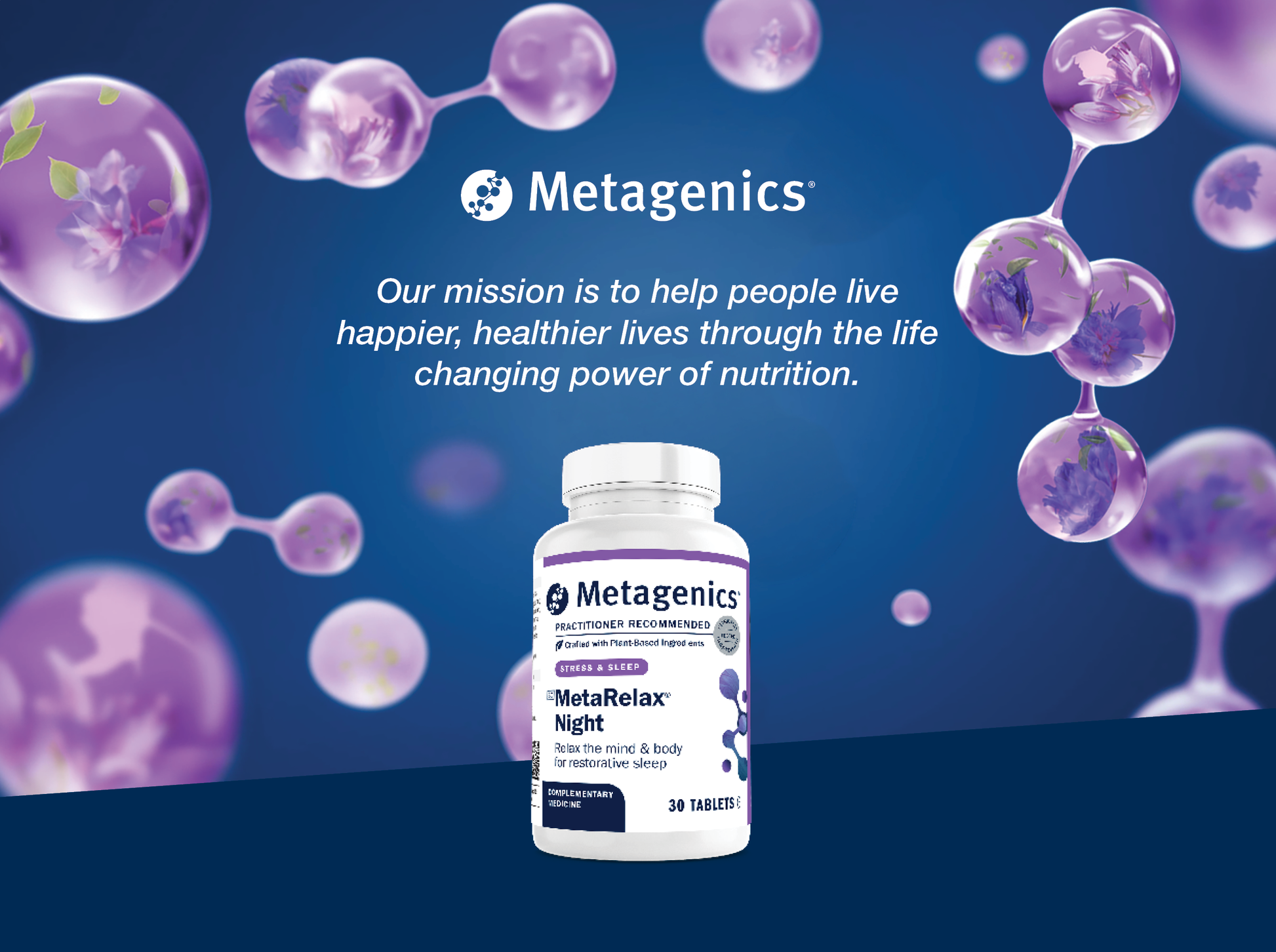 Metagenics MetaRelax Night supplement bottle displayed with the Metagenics mission to help people live happier and healthier lives through the life-changing power of nutrition
