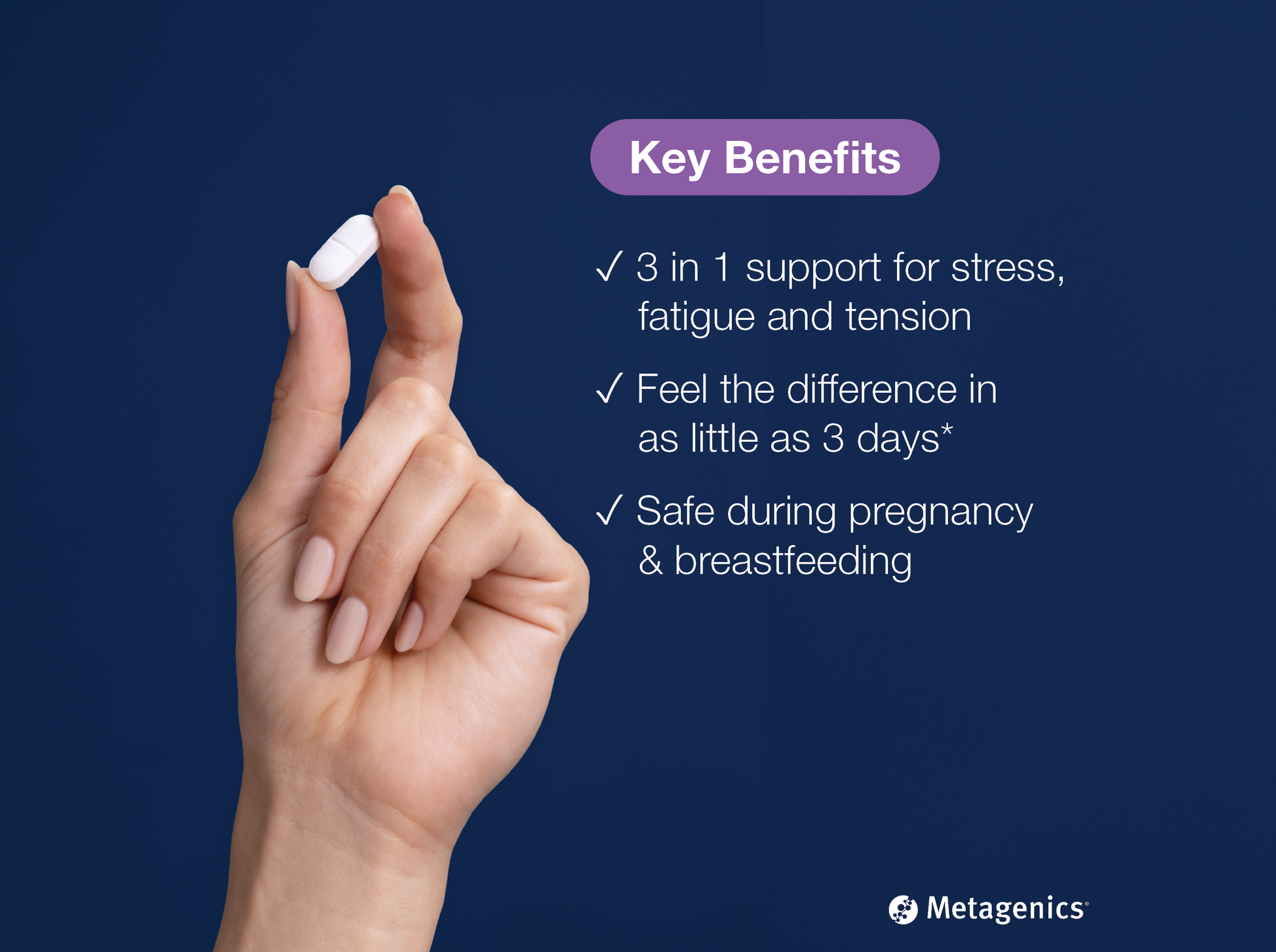 Hand holding a MetaRelax tablet beside key product benefits and Metagenics branding