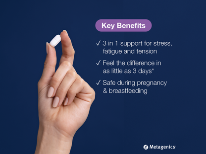 Hand holding a MetaRelax tablet beside key product benefits and Metagenics branding
