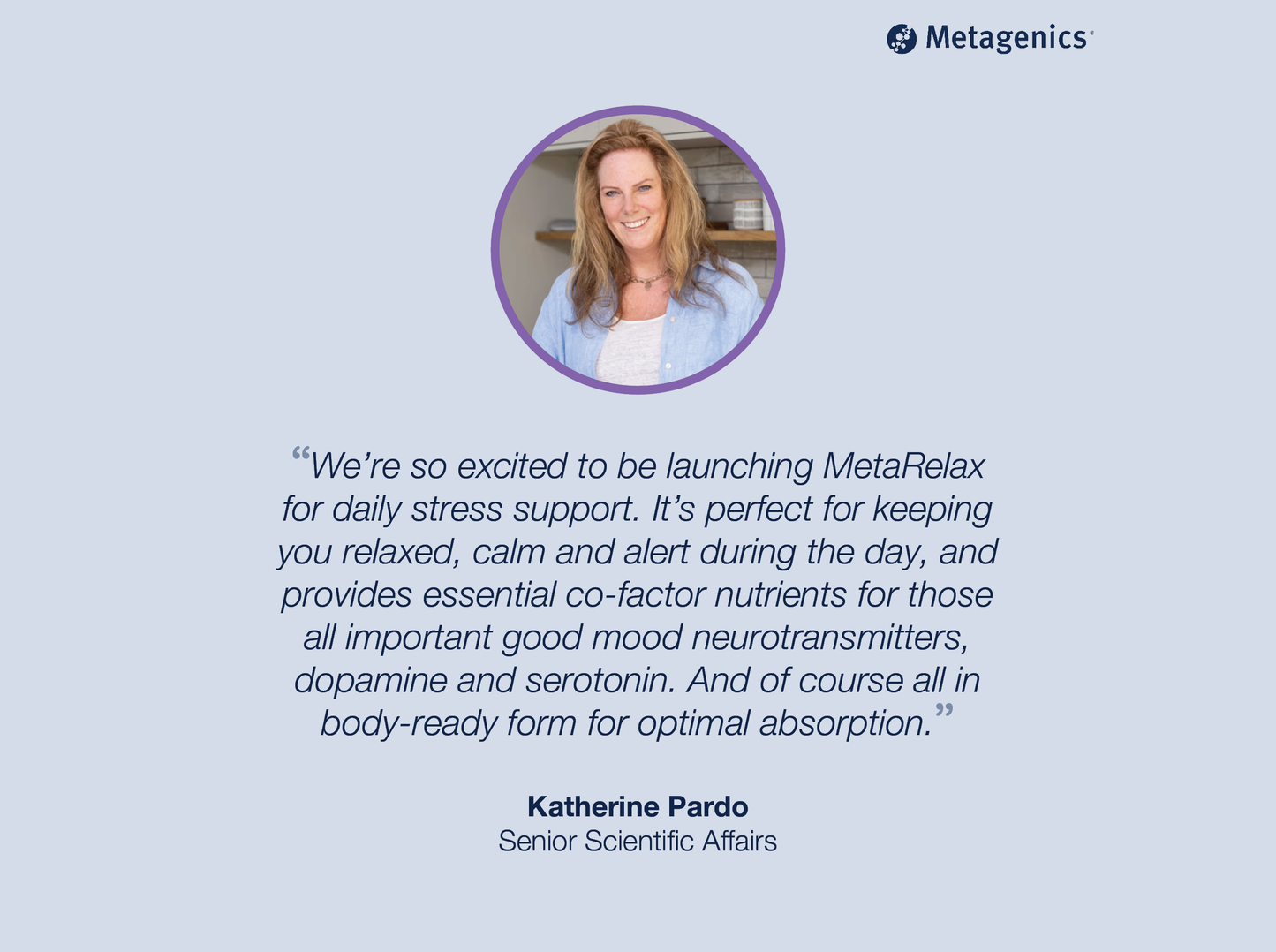 Five-star customer review for MetaRelax with testimonial text and Metagenics branding