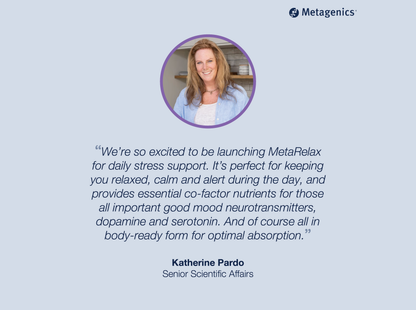 Five-star customer review for MetaRelax with testimonial text and Metagenics branding