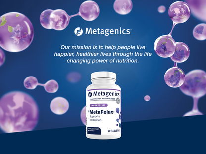 Metagenics MetaRelax supplement bottle displayed with the Metagenics mission to help people live happier and healthier lives through the life-changing power of nutrition