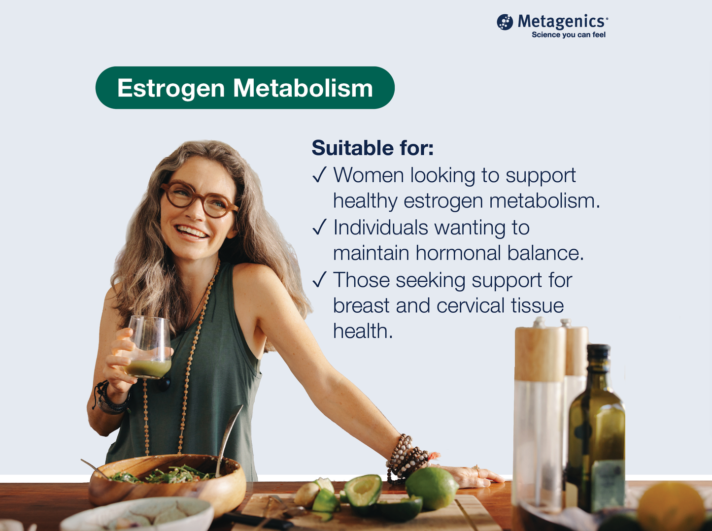 Information about oestrogen metabolism support with Meta I 3 C and lifestyle imagery