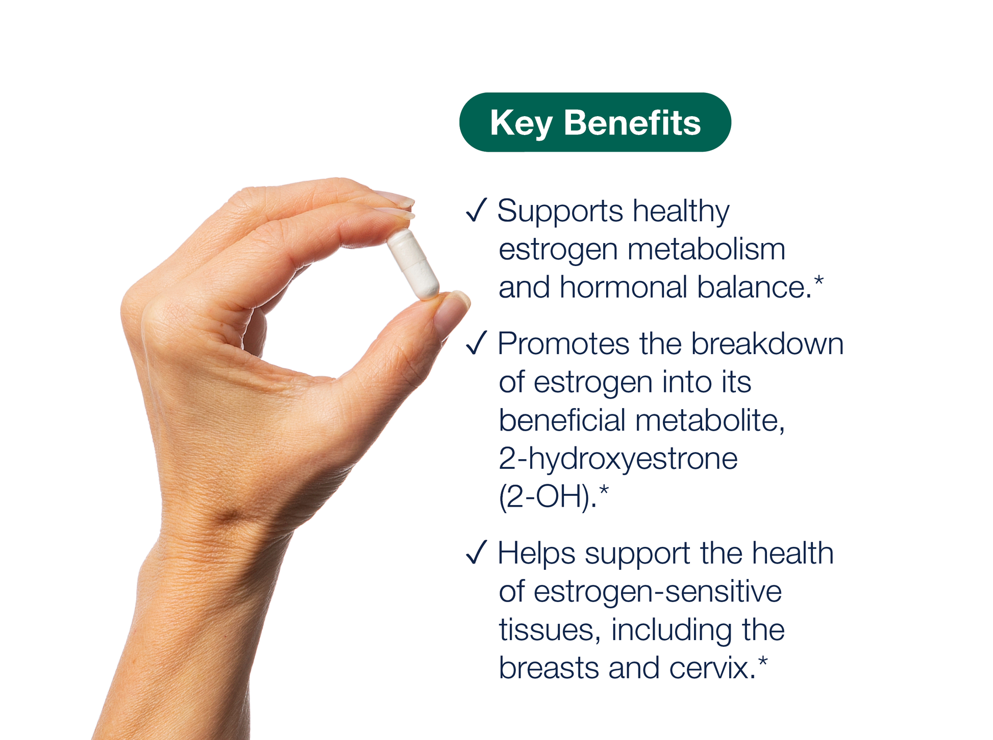 Hand holding a Meta I 3 C capsule beside key product benefits and Metagenics branding