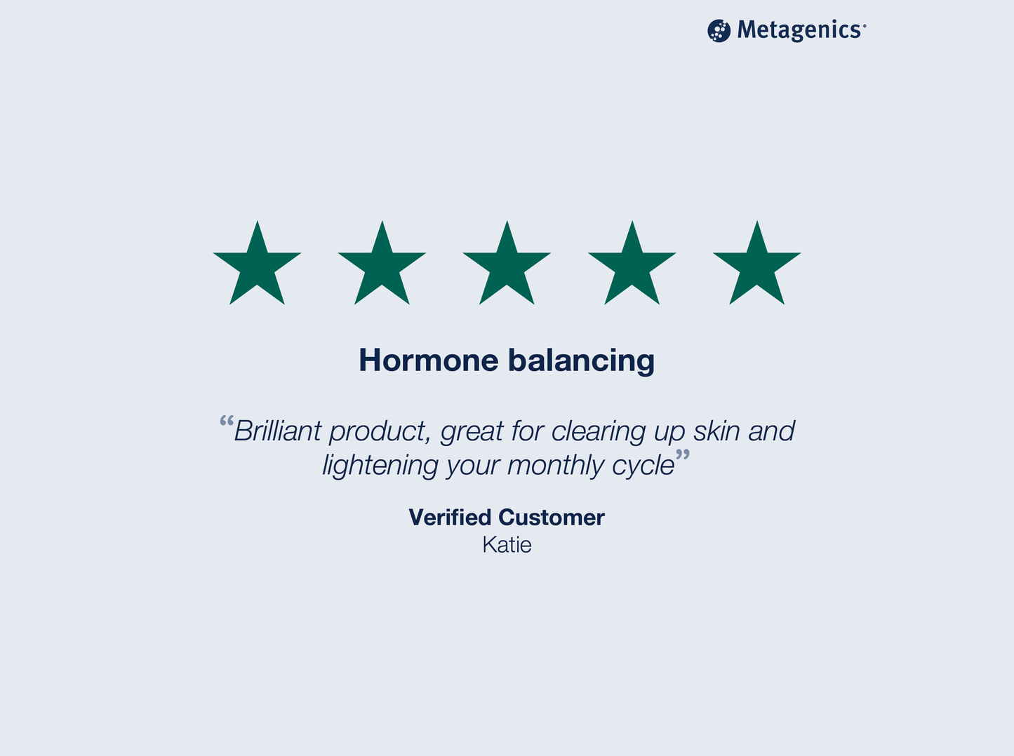 Five-star customer review for Meta I 3 C with testimonial text and Metagenics branding