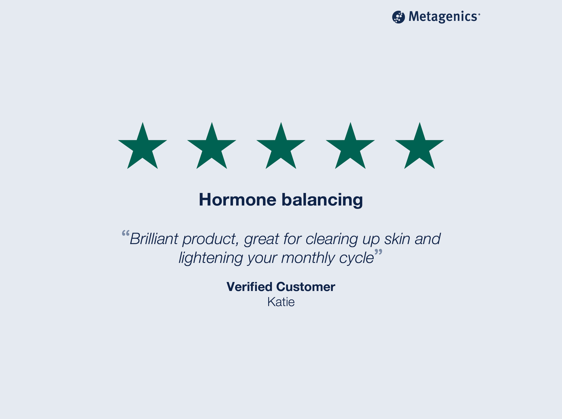 Five-star customer review for Meta I 3 C with testimonial text and Metagenics branding