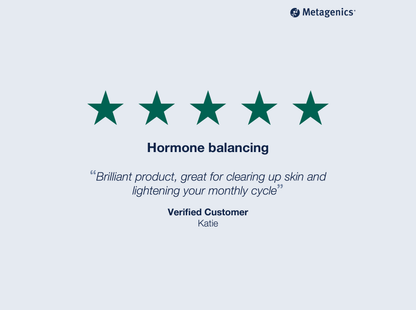 Five-star customer review for Meta I 3 C with testimonial text and Metagenics branding