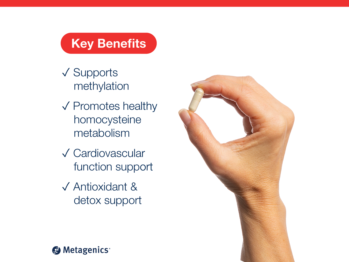 Hand holding a Methyl Care capsule beside key product benefits and Metagenics branding