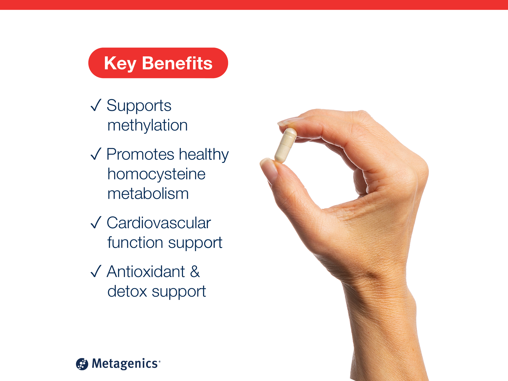 Hand holding a Methyl Care capsule beside key product benefits and Metagenics branding