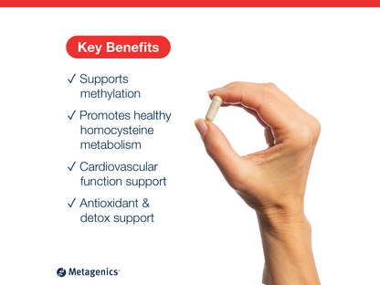 Hand holding a Methyl Care capsule beside key product benefits and Metagenics branding