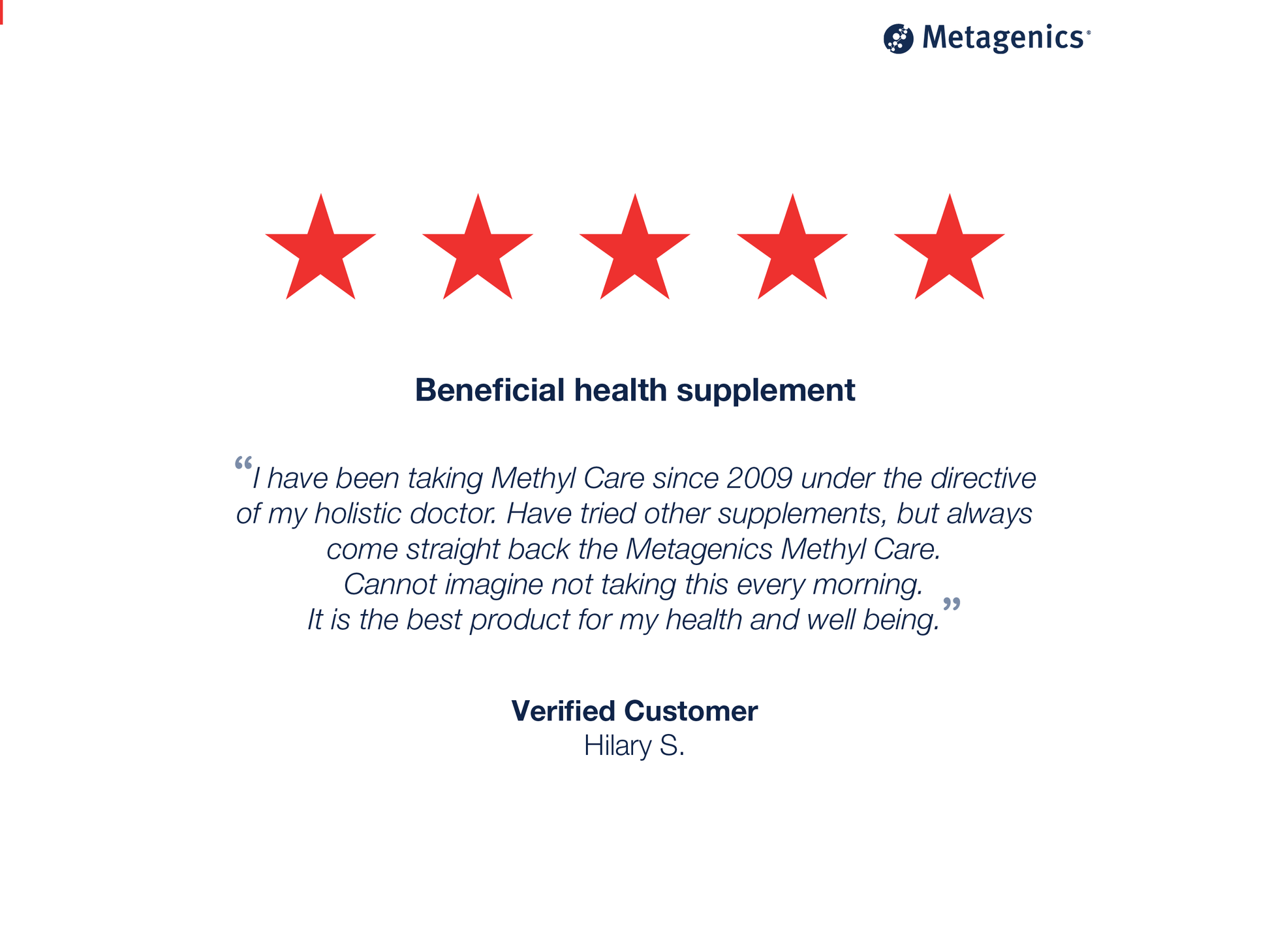 Five-star customer review for Methyl Care with testimonial text and Metagenics branding
