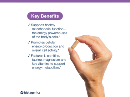 Hand holding a scoop of MitoVive powder beside key product benefits and Metagenics branding