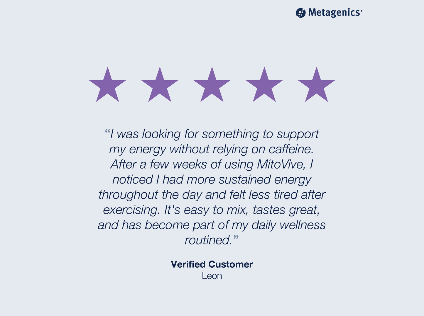 Five-star customer review for MitoVive with testimonial text and Metagenics branding