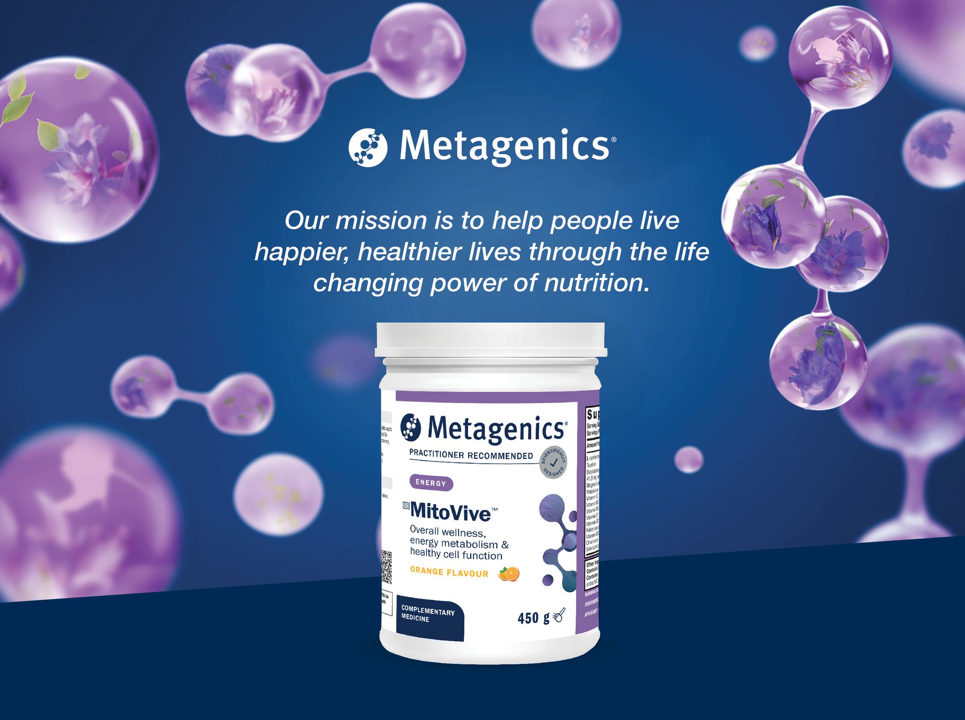 Metagenics MitoVive powder displayed with the Metagenics mission to help people live happier and healthier lives through the life-changing power of nutrition