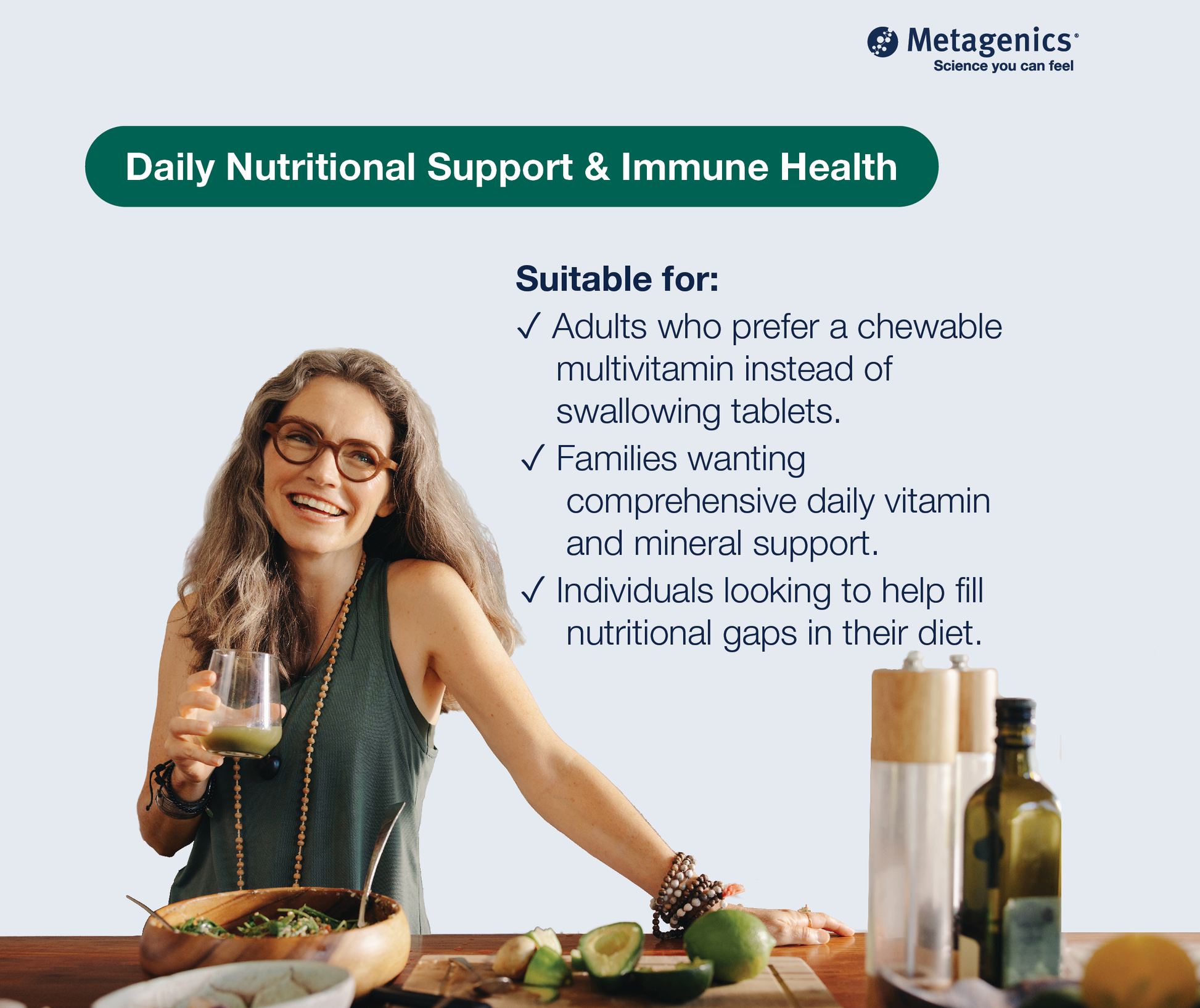Information about daily nutritional support with Multigenics Chewable and healthy lifestyle imagery