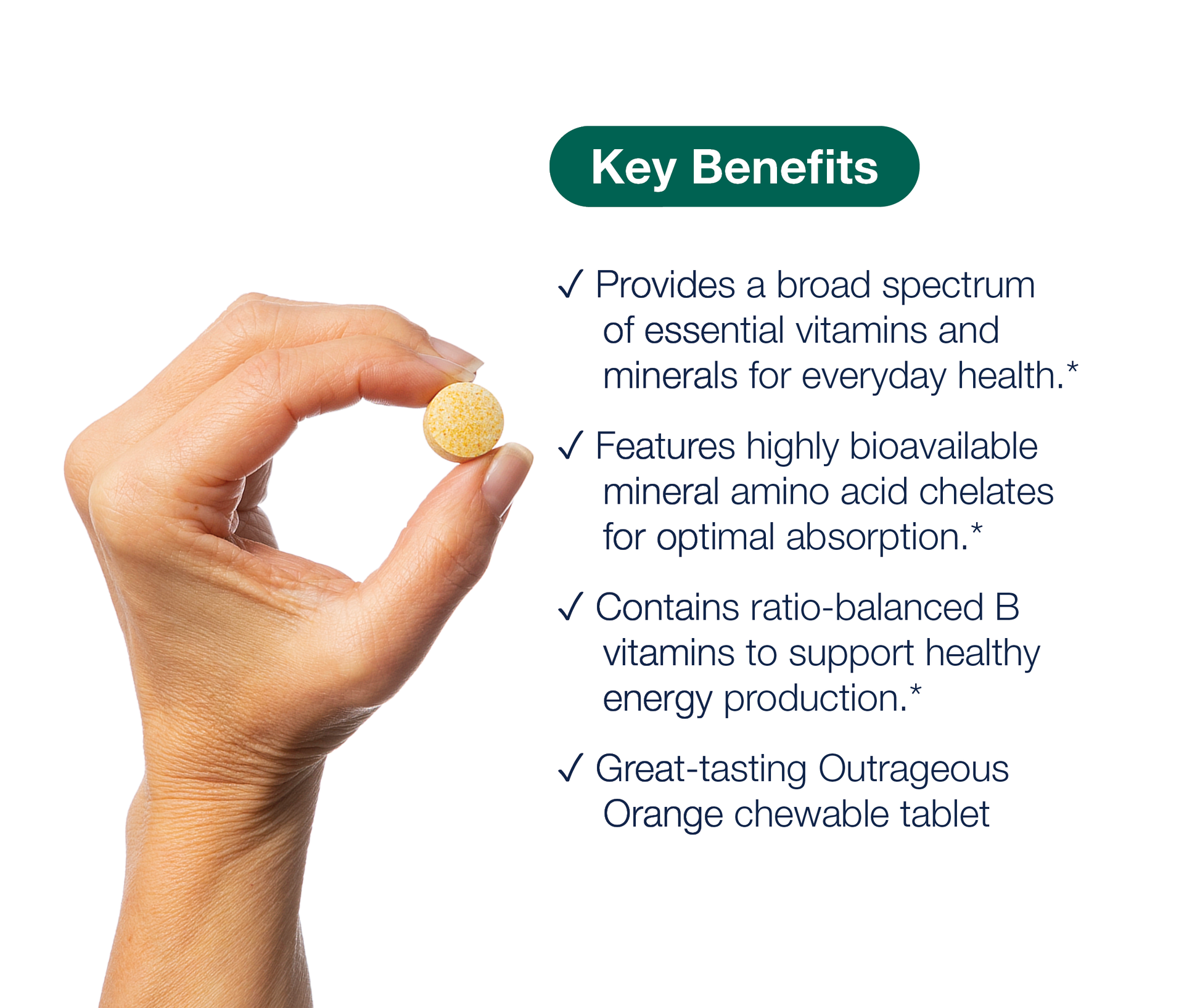 Hand holding a Multigenics Chewable tablet beside key product benefits and Metagenics branding