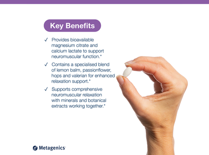 Hand holding a MyoCalm Plus tablet beside key product benefits and Metagenics branding