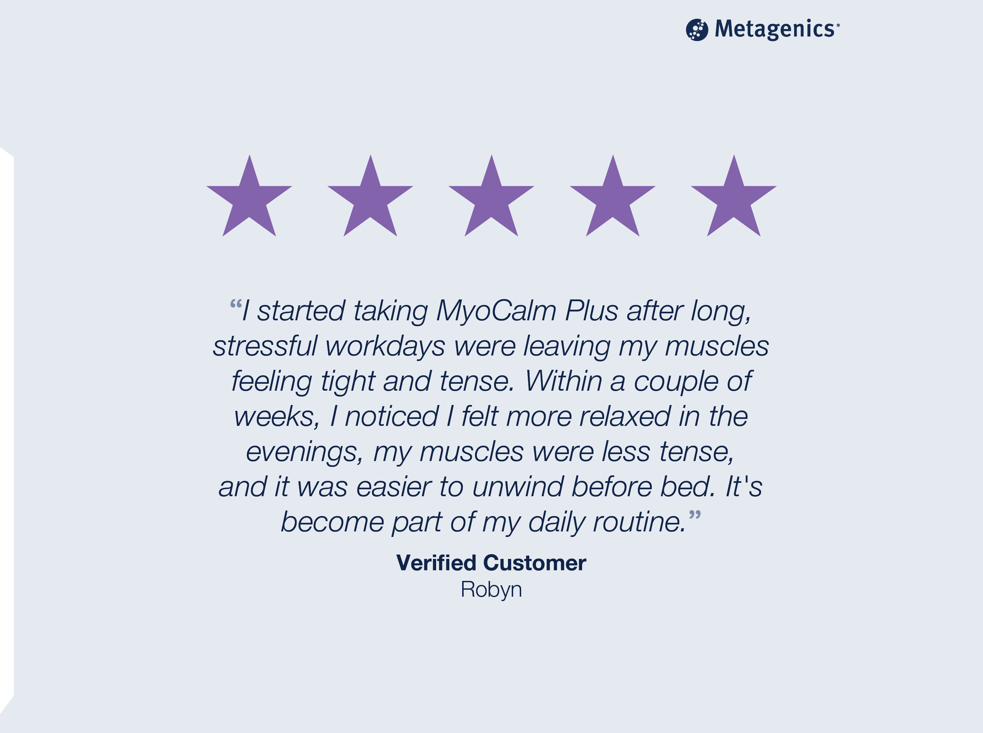 Five-star customer review for MyoCalm Plus with testimonial text and Metagenics branding
