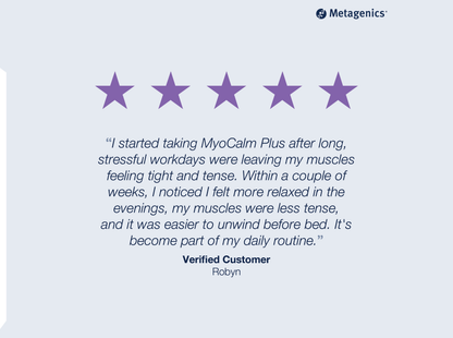 Five-star customer review for MyoCalm Plus with testimonial text and Metagenics branding