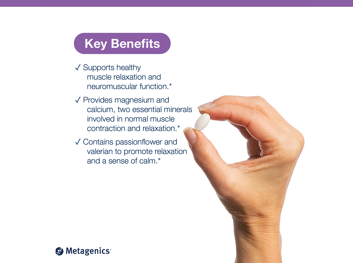 Hand holding a MyoCalm tablet beside key product benefits and Metagenics branding