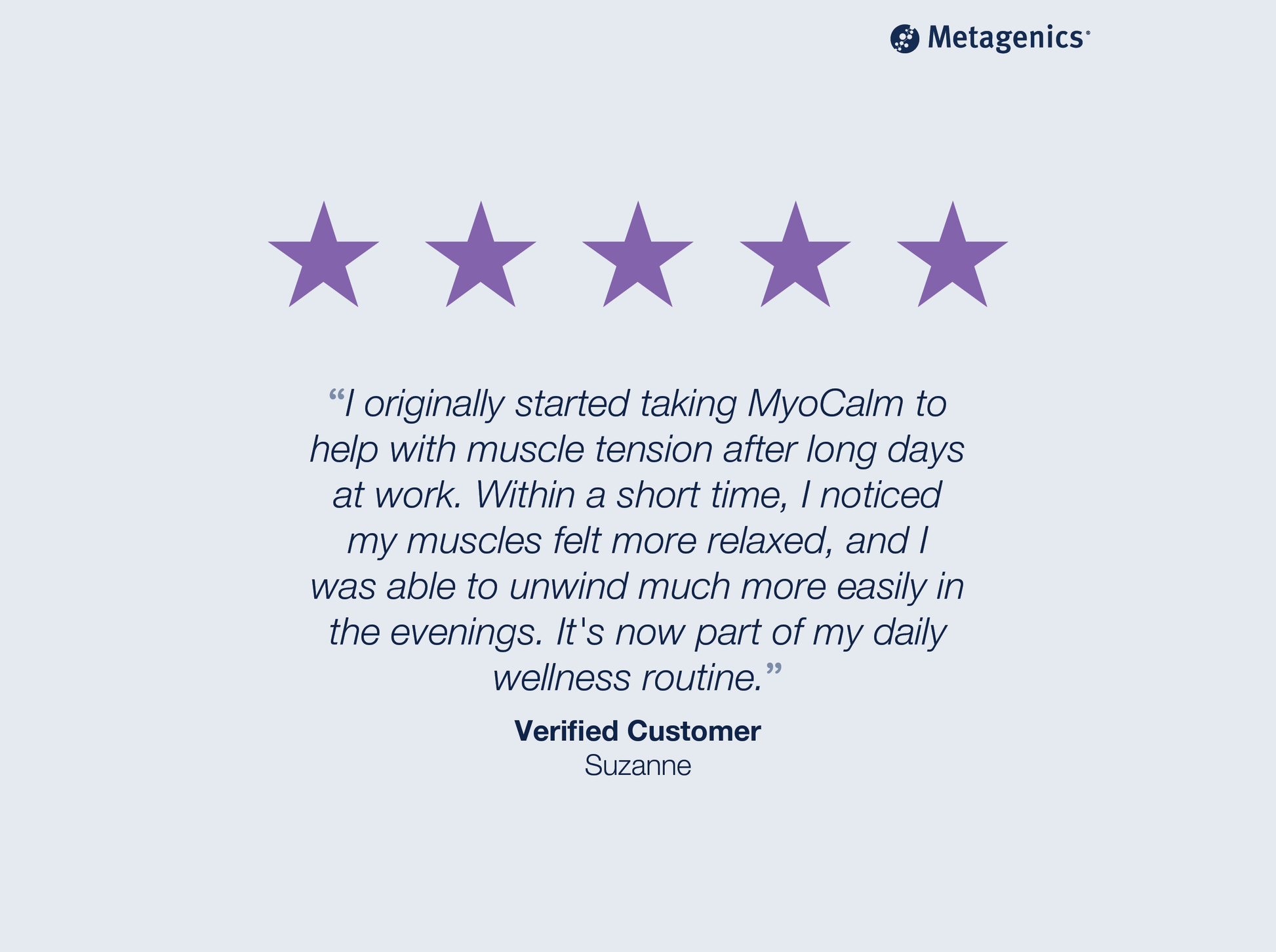 Five-star customer review for MyoCalm with testimonial text and Metagenics branding